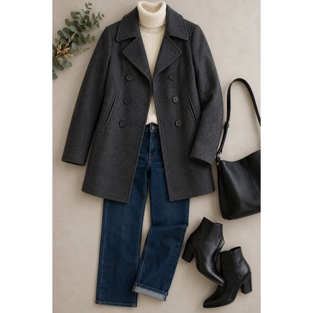 J.Crew Tall Charcoal Wool Blend Double Breasted Peacoat Jacket Tall Medium
